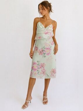 Valentino Roma Floral Chiffon Ruffle Slip Dress XS 32 A Pastel Mint Pink